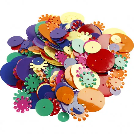Paljetter, ass. farger, runde, str. 10-25 mm, 250 g/ 1 pk.